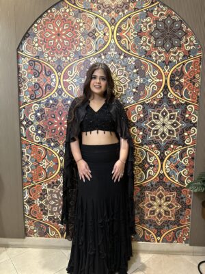 Black Lehnga with Ruffled Detailing, Blouse, and Ruffled Cape