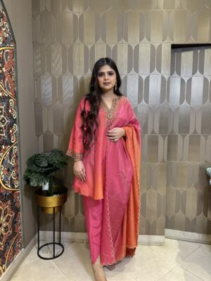 Pink Ombre Suit with Dabka Detailing and Tulip Pants