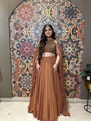 Burnt Sienna Lehenga with Long Ruffle Sleeve Blouse