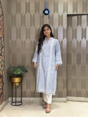 Tranquil Blue Straight Kurta with White Pants