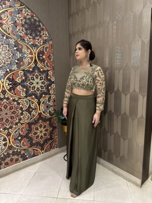 Olive Green Drape Skirt and emboroidered Bustier Blouse