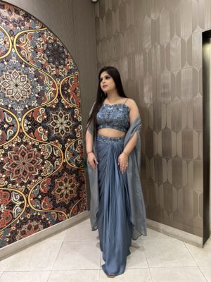 Blue Drape Skirt And Blouse Set with Cape