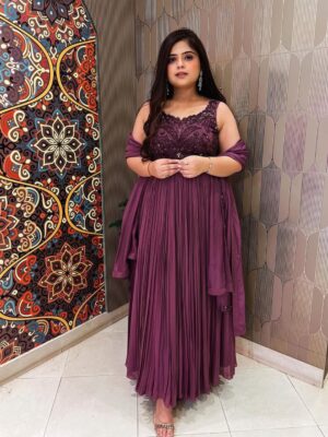 Monotone hand embroidered rushing floor length with dupatta