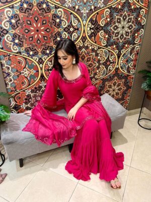 Fuchsia Mirror Work Sharara Set